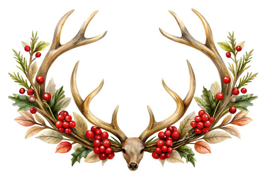 raster image of deer antlers with red berriies isolated on white background, png, ai generated.