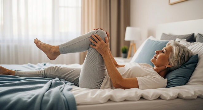 Older woman lying in bed doing a knee-to-chest stretch, focusing on physical therapy and personal well-being