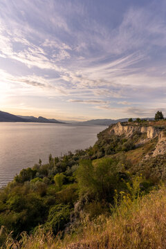 Penticton Bc Silt Cliffs And Okanagan Lake At Sunset, Scenic Landscape With Natural Beauty And Outdoor Adventure Potential, British Columbia