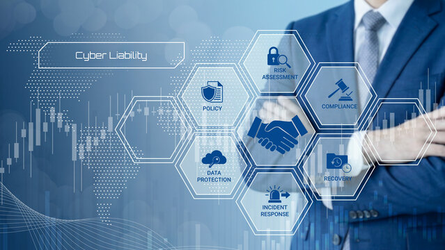 Professional illustrating cyber liability components with interconnected hexagonal icons and business professional