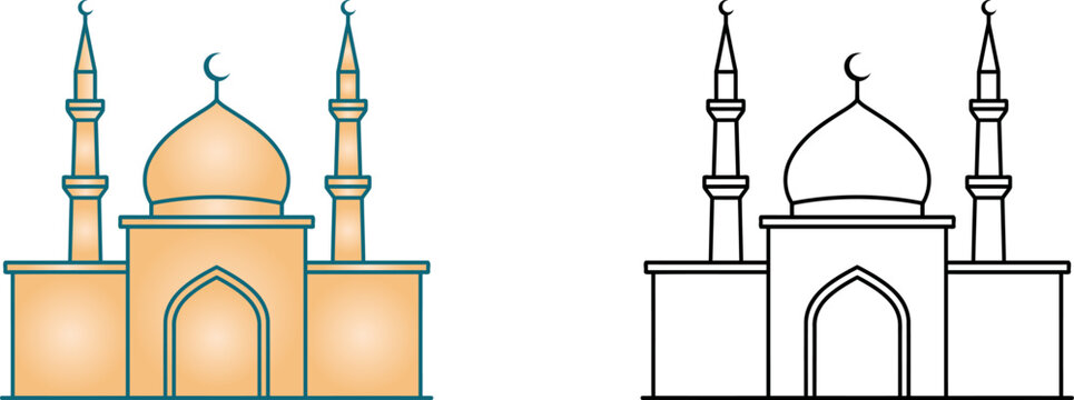 Islamic mosque building illustrations with color and black line art silhouette