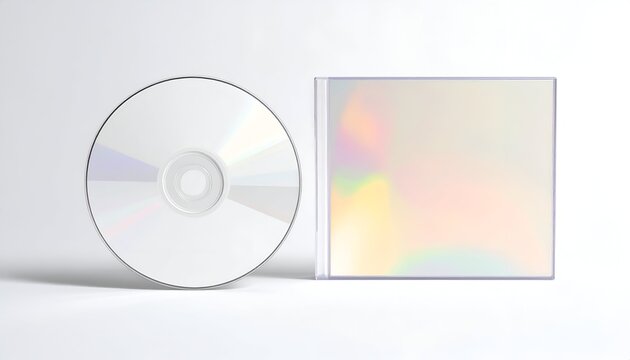A blank CD and its empty, reflective case. They rest on a plain surface under soft lighting