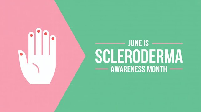 June is Scleroderma Awareness Month Medical Concept Pink and Green Poster with Hand Icon