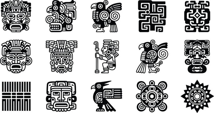 Pre-Columbian Mexican tribal motifs collection with ancient Mayan masks, Aztec gods, and indigenous totems.