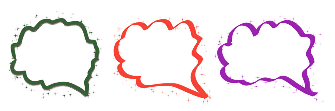 Set of three colorful speech bubbles in green red and purple with glowing sparkle stars.