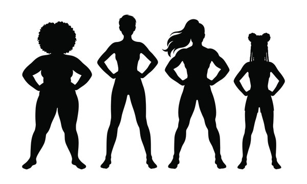 Diverse women silhouettes showing different body types and hairstyles, standing confidently.