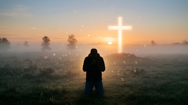 Christian man praying beside wooden cross at sunrise with peaceful spiritual atmosphere outdoors.