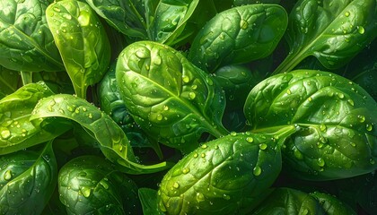 Fototapeta premium Fresh green leaves covered in droplets form a vibrant, lush pattern, capturing nature's beauty up close