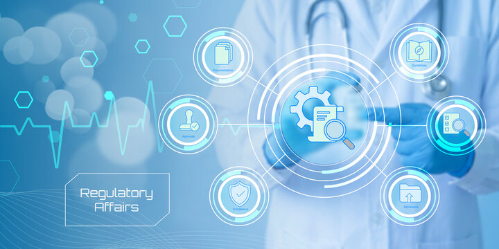 Modern digital illustration depicting regulatory affairs with healthcare technology and compliance icons