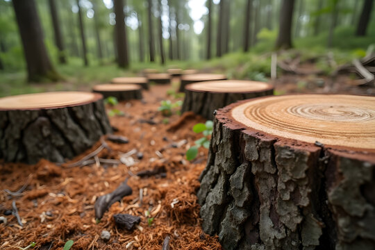 Deforestation tree stumps in cleared forest landscape