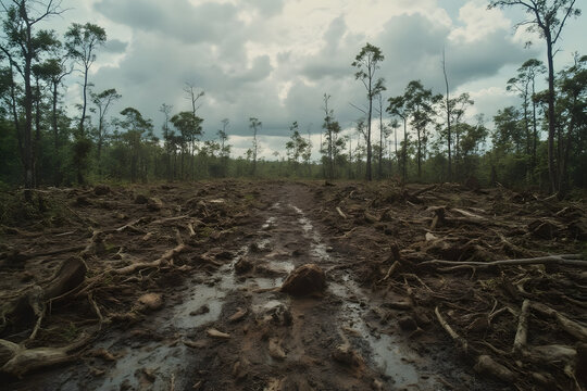 Deforestation barren forest land after heavy logging activity