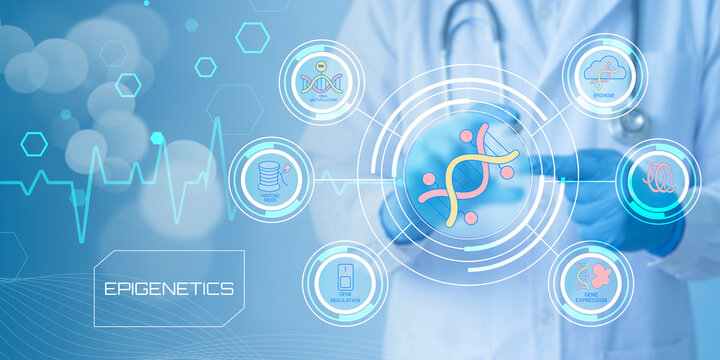 Modern illustration depicting epigenetics with DNA helix and medical technology icons connected in network style