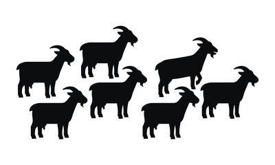 Fototapeta premium Seven black goat silhouettes with horns and beards, standing scattered on a clean white background, depicting farm animals.