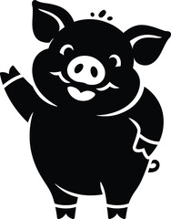 Fototapeta premium silhouette, pig, chubby, cute, smiling, waving, cartoon, eps10, flat white background, animal, farm animal, mammal, swine Black silhouette of a smiling, chubby pig waving cute