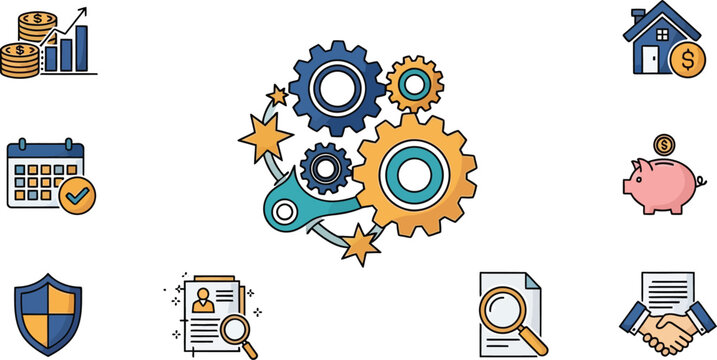 Business Process Management Icons: Gears, Finance, Planning, Security, HR, Contract