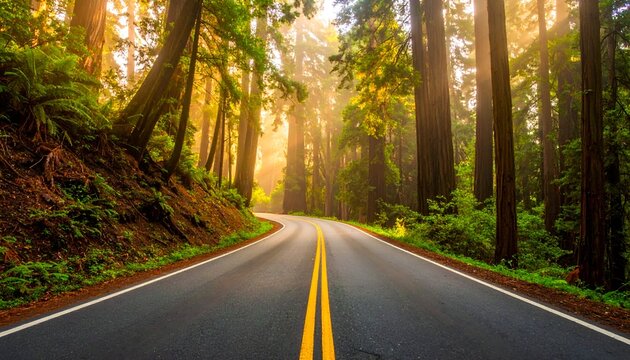 Sunlit forest road curves through towering trees, bathed in warm light and vibrant green foliage