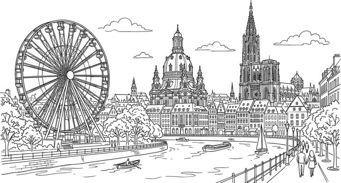 European old town cityscape panorama with Ferris wheel cathedral dome and river line art coloring page background vector outline sketch illustration