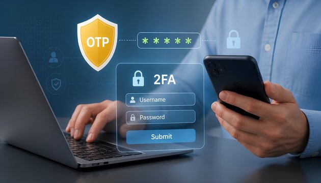 secure login system with otp and two factor authentication on laptop and smartphone ensuring cyber security protection identity verification and safe online business access., 