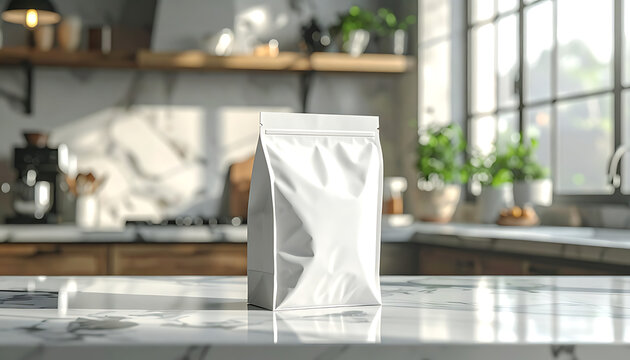 Blank white stand-up pouch packaging on a marble countertop in a modern kitchen, product mockup for branding, packaging design template