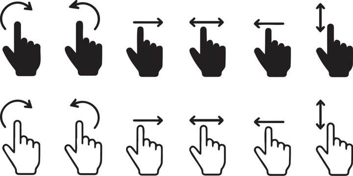 Set of hand gesture icons showing various touch screen interactions for mobile device navigation and user interface design system development