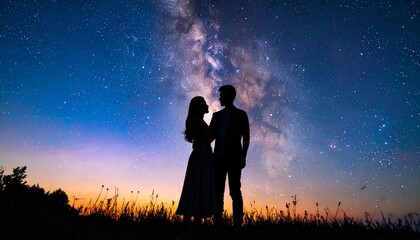 Fototapeta premium Couple silhouetted against vivid starry sky and Milky Way, standing in a grassy field at twilight