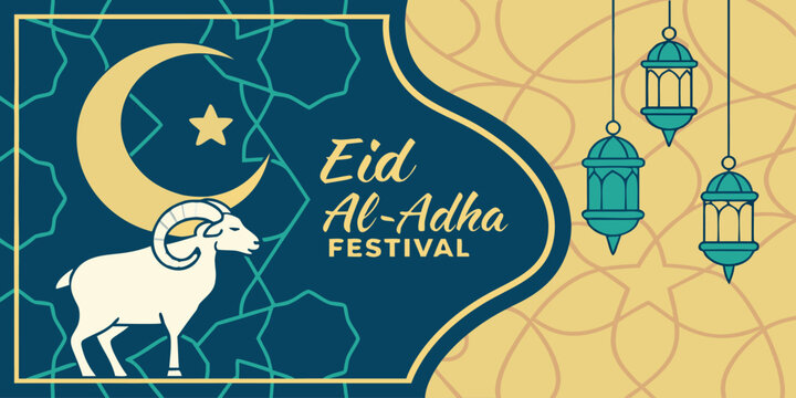 Vibrant Eid al Adha festival design featuring a sacrificial ram crescent moon and hanging lanterns art