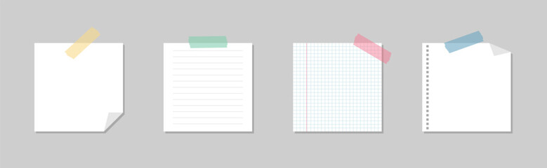 Set of blank paper and sticky notes with adhesive tape. Flat cartoon vector illustration for reminders and office planning © leskovets