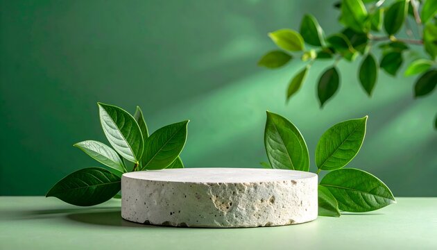 A round stone platform with smooth texture is surrounded by vivid green leaves against a green backdrop