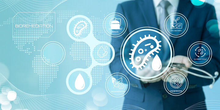 Professional analyzing futuristic biotechnology concepts with digital interface and microorganisms illustration