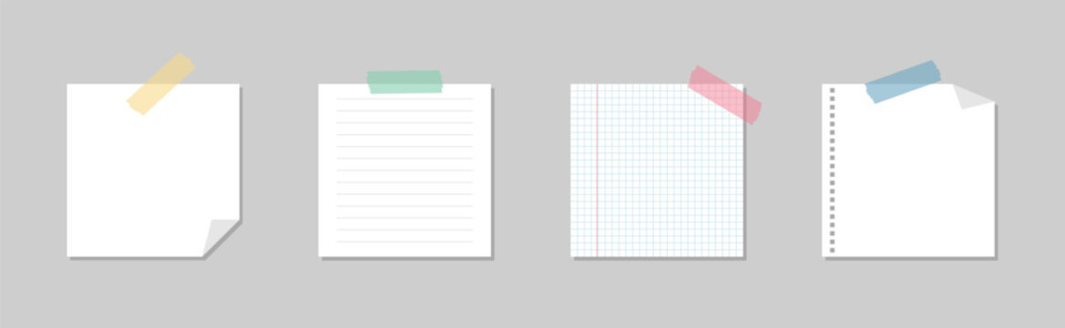 Set of blank paper and sticky notes with adhesive tape. Flat cartoon vector illustration for reminders and office planning