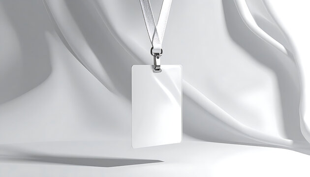 Blank white vertical identification badge on a lanyard, hanging against a soft draped fabric background with subtle lighting and shadows, ideal for event access or corporate identity.