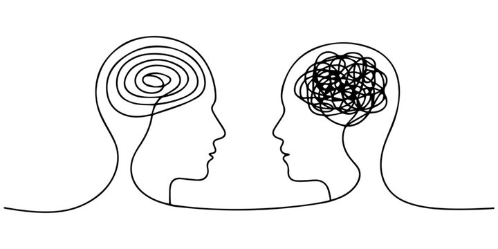 Two human heads connected continuous one line drawing, One line art of two human profiles facing each other, with a chaotic brain connecting to a calm, circular brain. Editable line. Hand drawn one