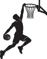 Silhouette of a professional basketball player performing a powerful slam dunk into the hoop during a competitive sports game match © Monivara Creations