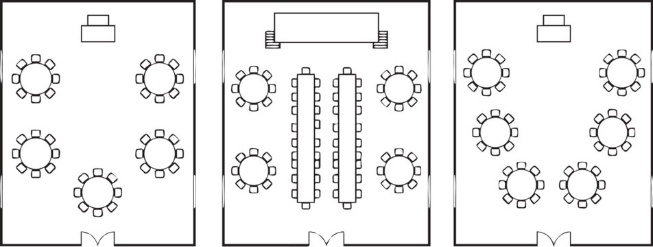 Three distinct floor plan layouts showing different seating arrangements for a conference room or a professional event planning corporate meeting