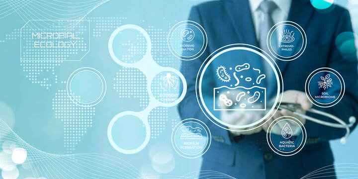 Scientist analyzing microbial ecology concepts with futuristic digital interface and various microbiome elements