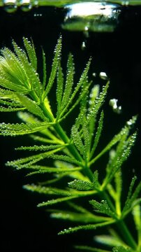 Dew covered green needles of fresh plants in soft light