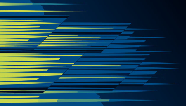 Abstract blue and yellow geometric shapes moving rapidly against black background digital motion blur