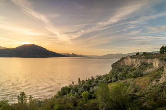 Penticton Okanagan Lake Sunset With Silt Cliffs And Mountain Landscape Views In British Columbia Canada