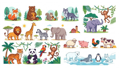 Cute cartoon animals vector mega set with wild jungle forest farm and arctic animal characters isolated on white background © Rajib