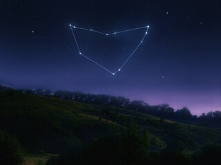 Obraz premium Capricorn constellation in the night sky. Landscape with a cluster of bright stars over the hills. Zodiac sign, astrological image.