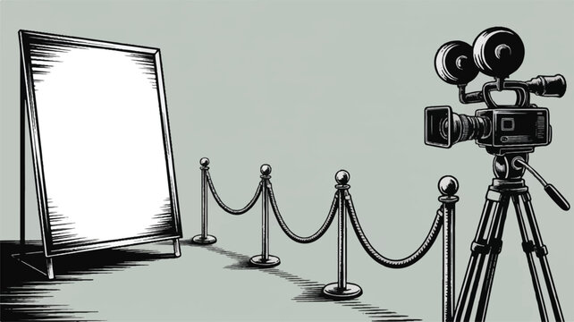 A film camera on a tripod stands next to a red carpet barrier and a blank display board
