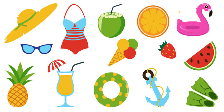 Summer Vacation Vector Icons Set &ndash; Beach Accessories, Tropical Fruits, Pool Float, Cocktail and Swimwear Illustration
