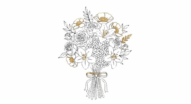 Elegant Line Art Bouquet of Assorted Flowers with Ribbon.