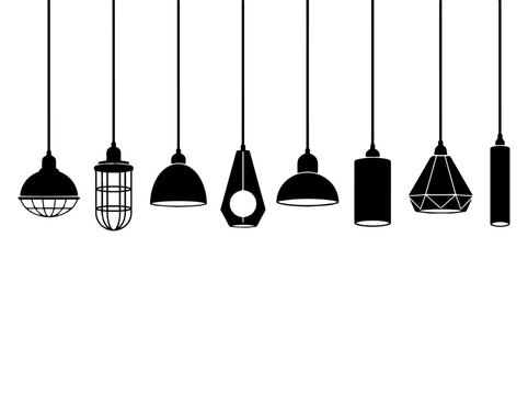 An iconic collection of ceiling chandeliers, antique loft lighting fixtures, and industrial pendant lights with black silhouettes for interior design