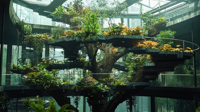 Indoor botanical garden with lush green plants and trees.