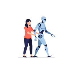 Fototapeta premium Woman guiding a humanoid robot flat vector illustration