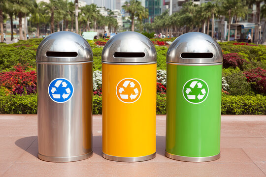 Three colorful public recycling bins standing in a park.