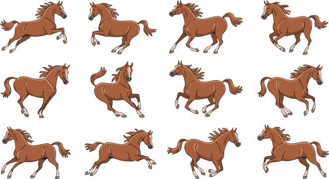 Galloping brown horse sprite sheet for animation featuring jumping and sprinting poses on transparent background graphic.