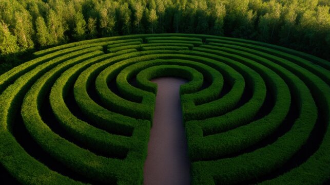 Aerial view of a circular hedge maze surrounded by dense forest, with a clear entrance path leading into the labyrinth.