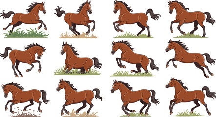 Fototapeta premium Running brown horse animation frames collection in various dynamic poses for game development and motion design graphics.